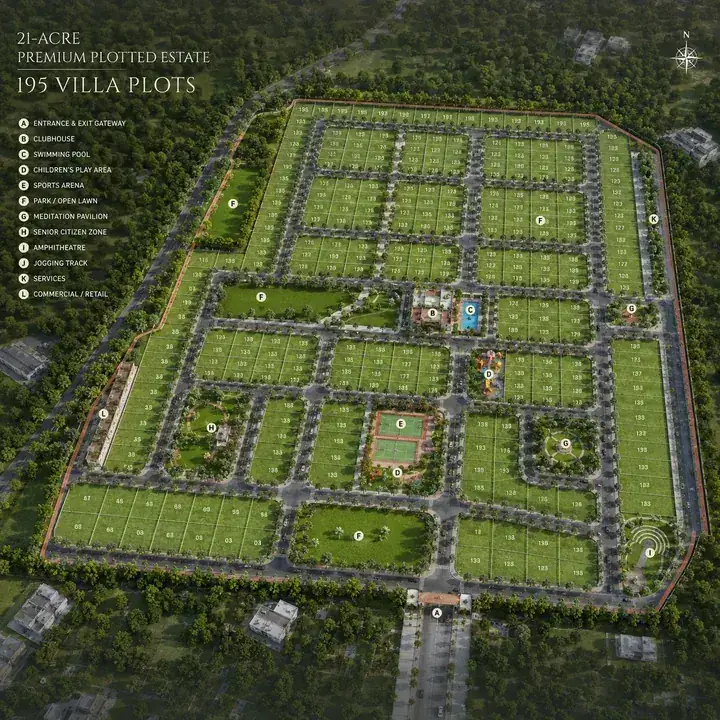 Prestige Gardenia Estate Phase 2 aerial view of the 21-acre, 195-plot gated development in Devanahalli Prestige Gardenia Estate Phase 2 aerial view of the 21-acre, 195-plot gated development in Devanahalli